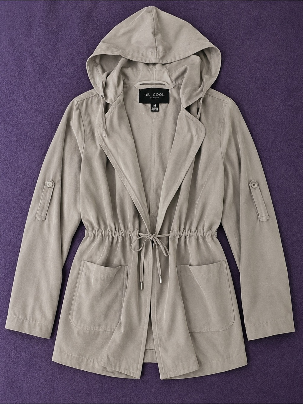 BE COOL Faux Suede Utility Jacket Taupe Hooded Womens Medium Casual Fall